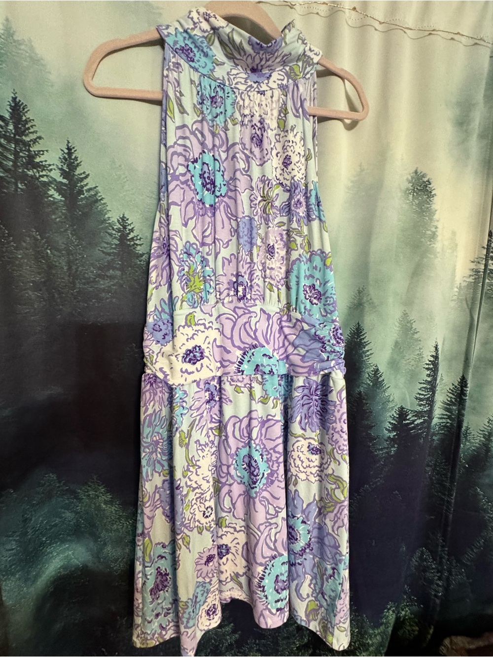 Floral Halter Romper in Lavender and Aqua size large.